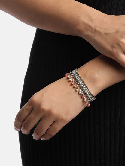 Women Silver-Toned & Pink Silver-Plated Wraparound Bracelet