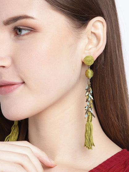Lime Green & Blue Antique Gold-Plated Beaded Tasselled Contemporary Drop Earrings