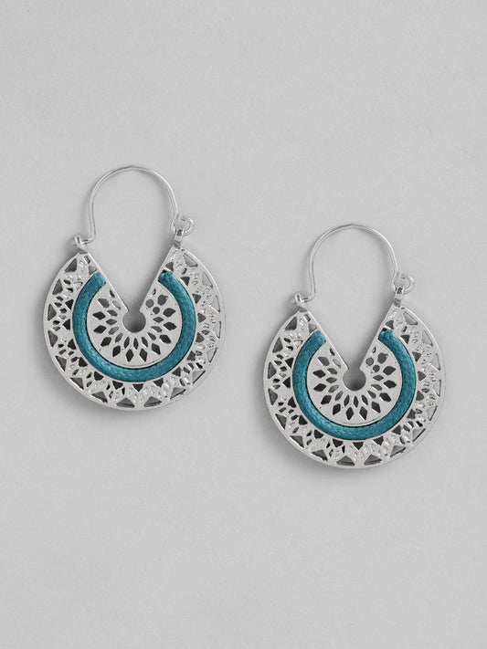 Silver-Toned & Blue Circular Drop Earrings