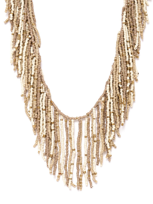 Beige & Off-White Gold-Plated Beaded Tasselled Necklace