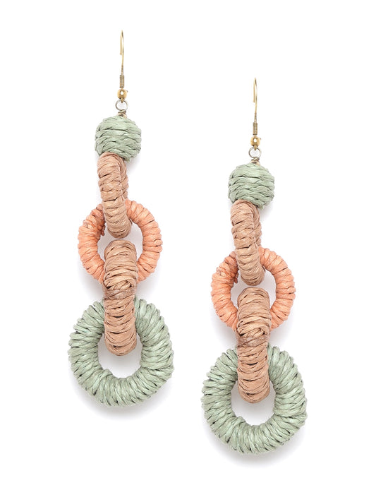 Olive Green & Peach-Coloured Colourblocked Circular Drop Earrings