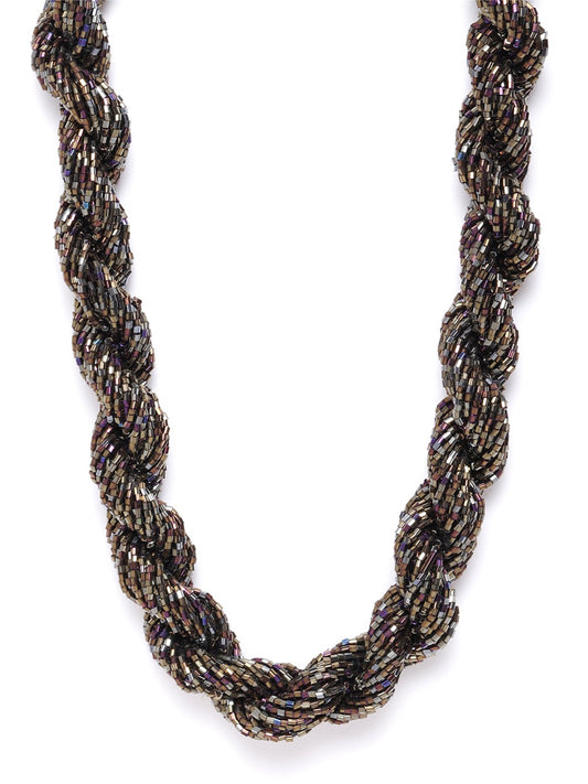 Gunmetal-Toned & Bronze-Toned Glass Beaded Statement Twisted Necklace