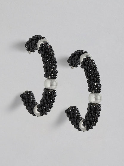 Black & Silver-Toned Half Hoop Earrings