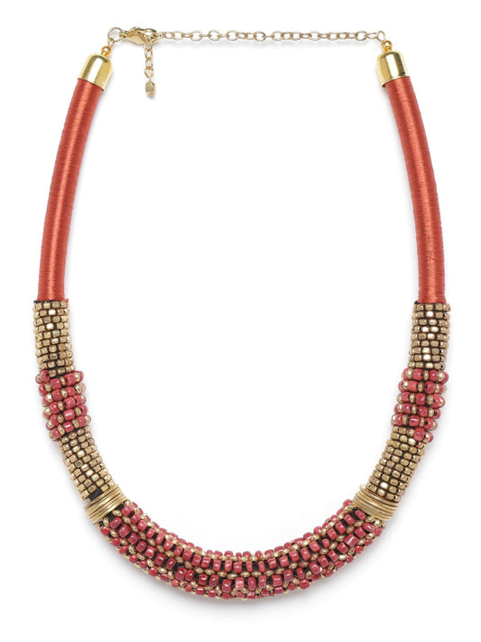 Rust Red & Pink Antique Gold-Plated Beaded Necklace