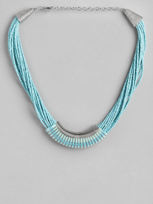Blue & Silver-Toned Silver-Plated Beaded Necklace