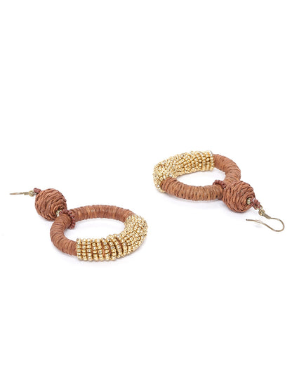 RICHEERA Brown & Gold-Toned Beaded Circular Drop Earrings
