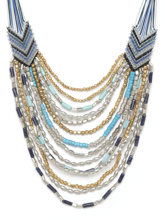 Blue & Gold-Toned Silver-Plated Beaded Layered Tribal Necklace