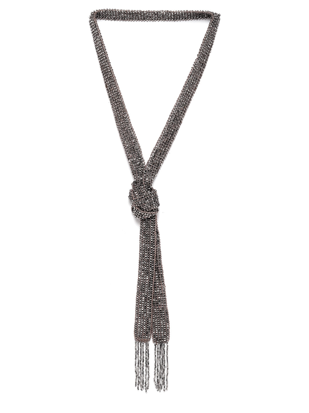 Women Taupe & Gunmetal-Toned Beaded Tasselled Knot Necklace