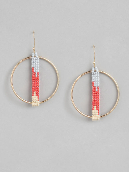 Gold-Toned & Red Circular Drop Earrings