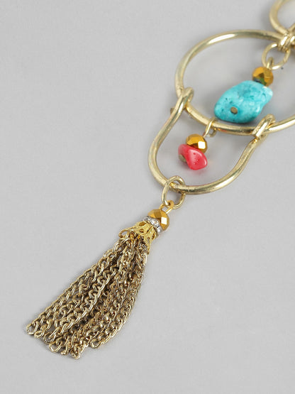 Gold-Toned & Turquoise Blue Contemporary Drop Earrings