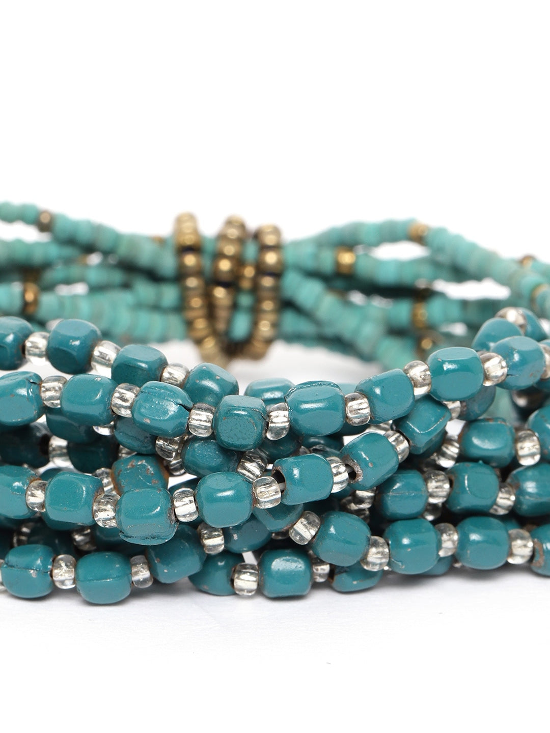 Teal Green & Antique Gold-Toned Beaded Multistranded Elasticated Bracelet