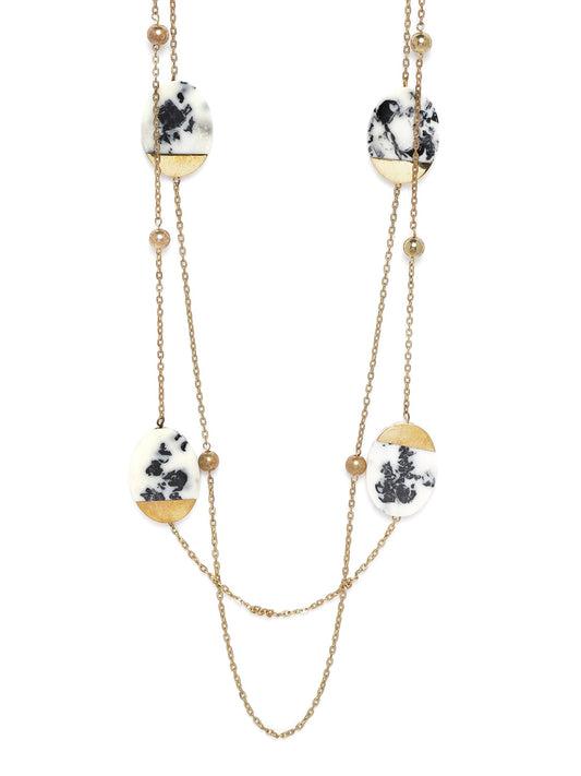 Women White & Black Antique Gold-Plated Resin Print Layered Necklace