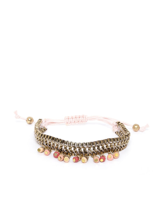 Peach-Coloured Antique Gold-Plated Beaded Bracelet