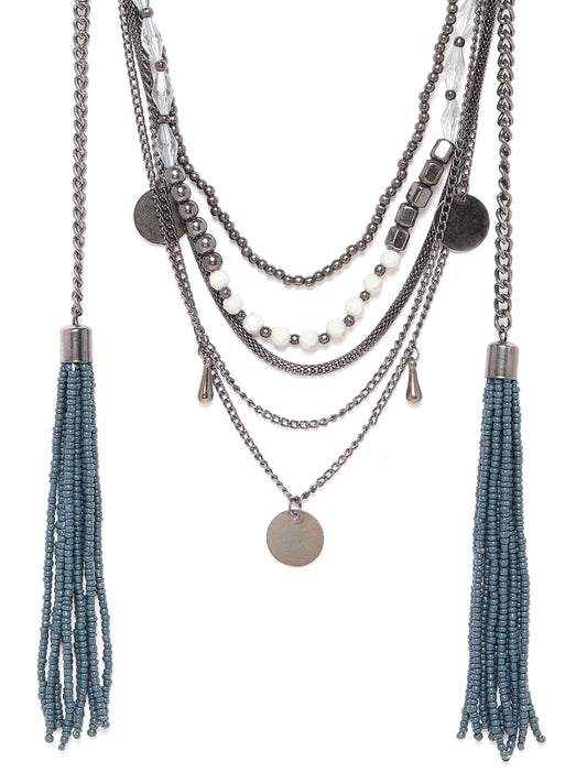 Women Oxidised Teal Blue & Silver-Toned Beaded Layered & Tasselled Necklace