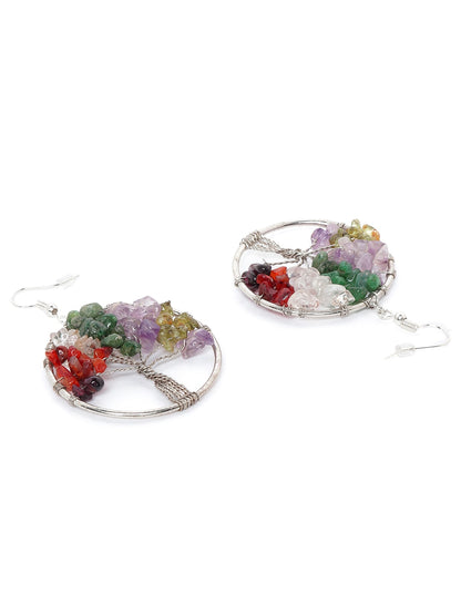 Multicoloured Silver-Plated Agate-Studded Circular Drop Earrings