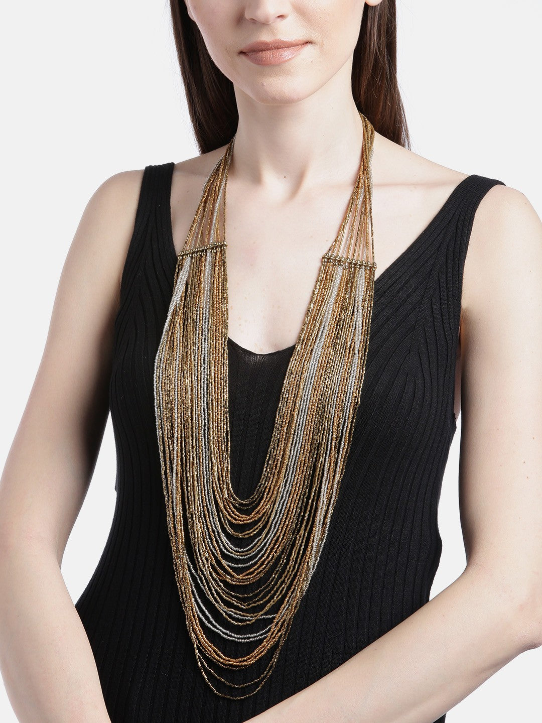 Women Antique Silver-Toned Gold-Plated Beaded Layered Necklace