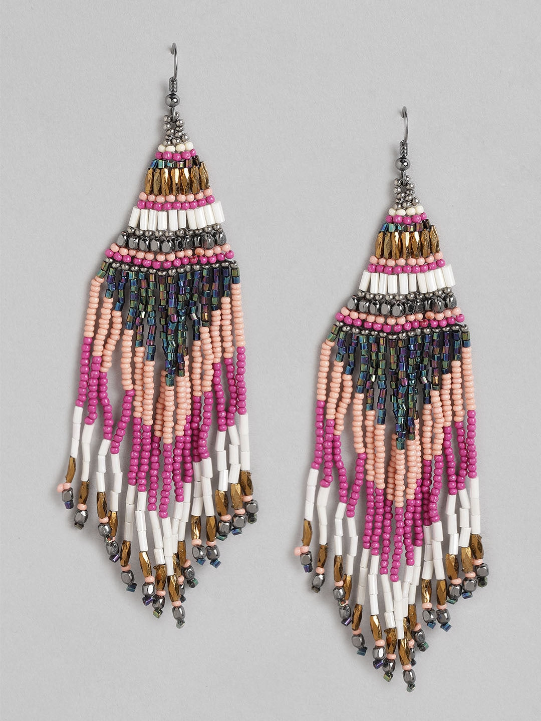 Pink & Peach-Coloured Beaded Contemporary Drop Earrings