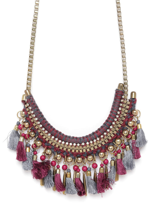Women Aubergine & Grey Gold-Plated Stone-Studded & Tasselled Necklace