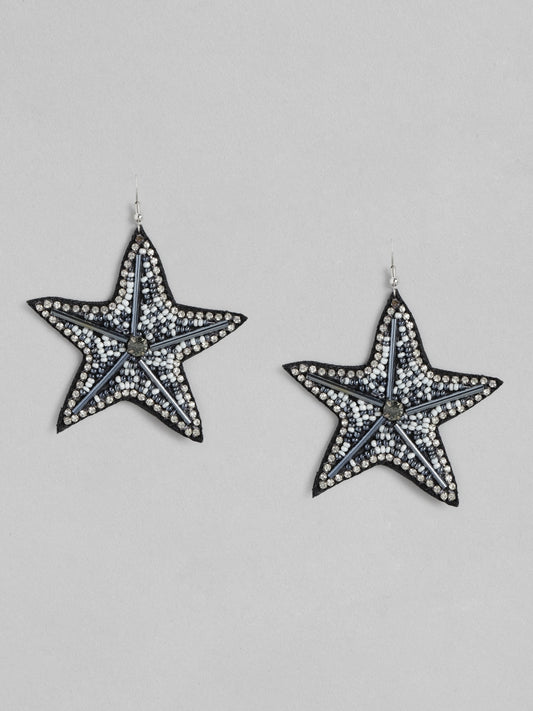 Black & Silver-Toned Star Shaped Drop Earrings