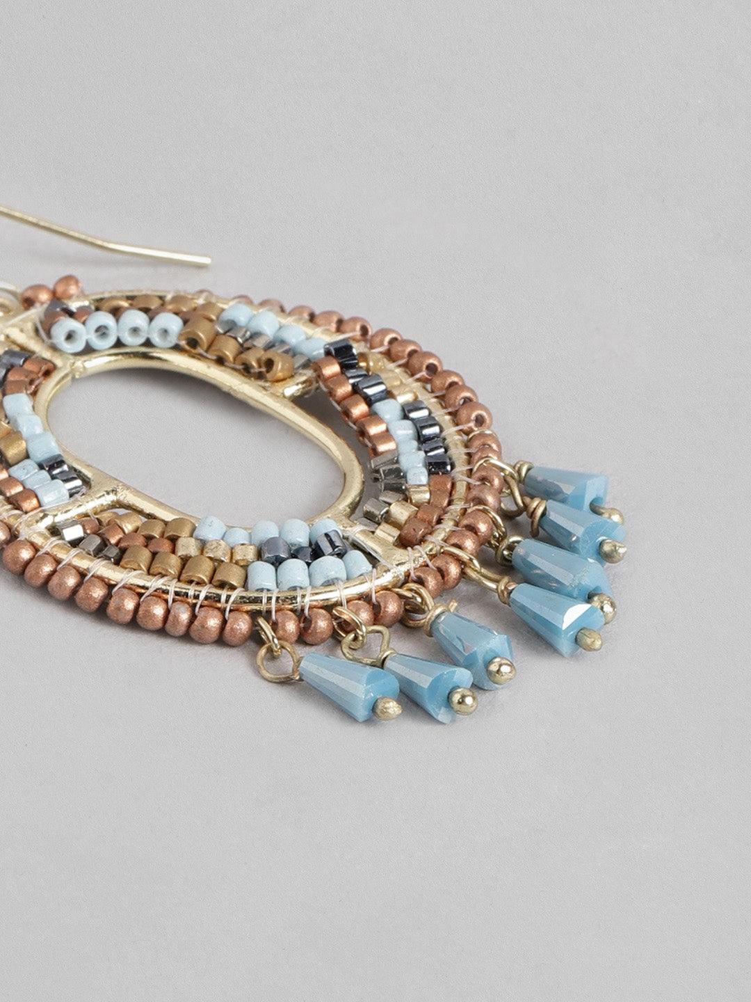 Blue & Gold-Toned Beaded Oval Drop Earrings