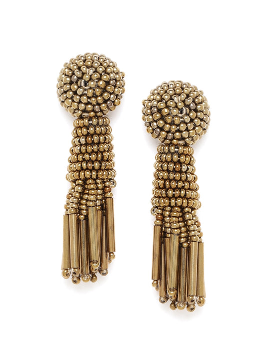 RICHEERA Antique Gold-Toned Beaded Tasselled Contemporary Drop Earrings