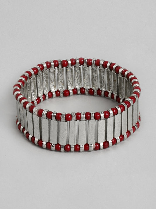 RICHEERA Women Silver-Toned & Red Silver-Plated Elasticated Bracelet