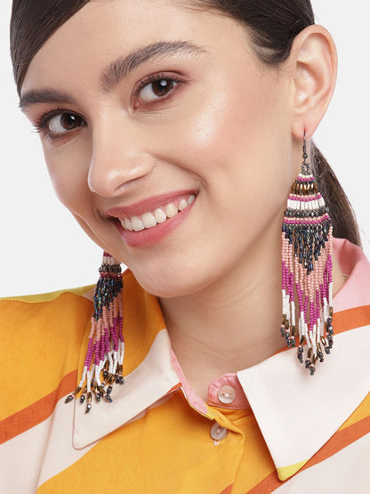 Pink & Peach-Coloured Beaded Contemporary Drop Earrings
