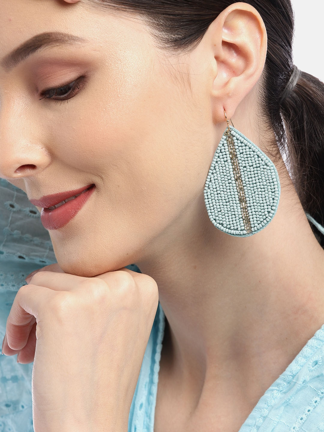 Blue & Silver-Toned Teardrop Shaped Drop Earrings