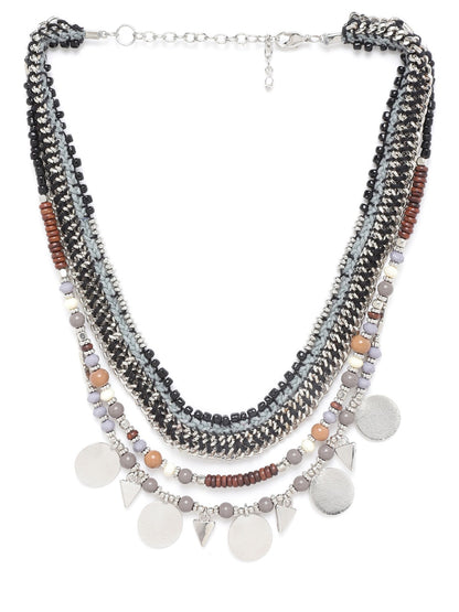 Grey & Black Silver-Plated Beaded Layered Tribal Necklace