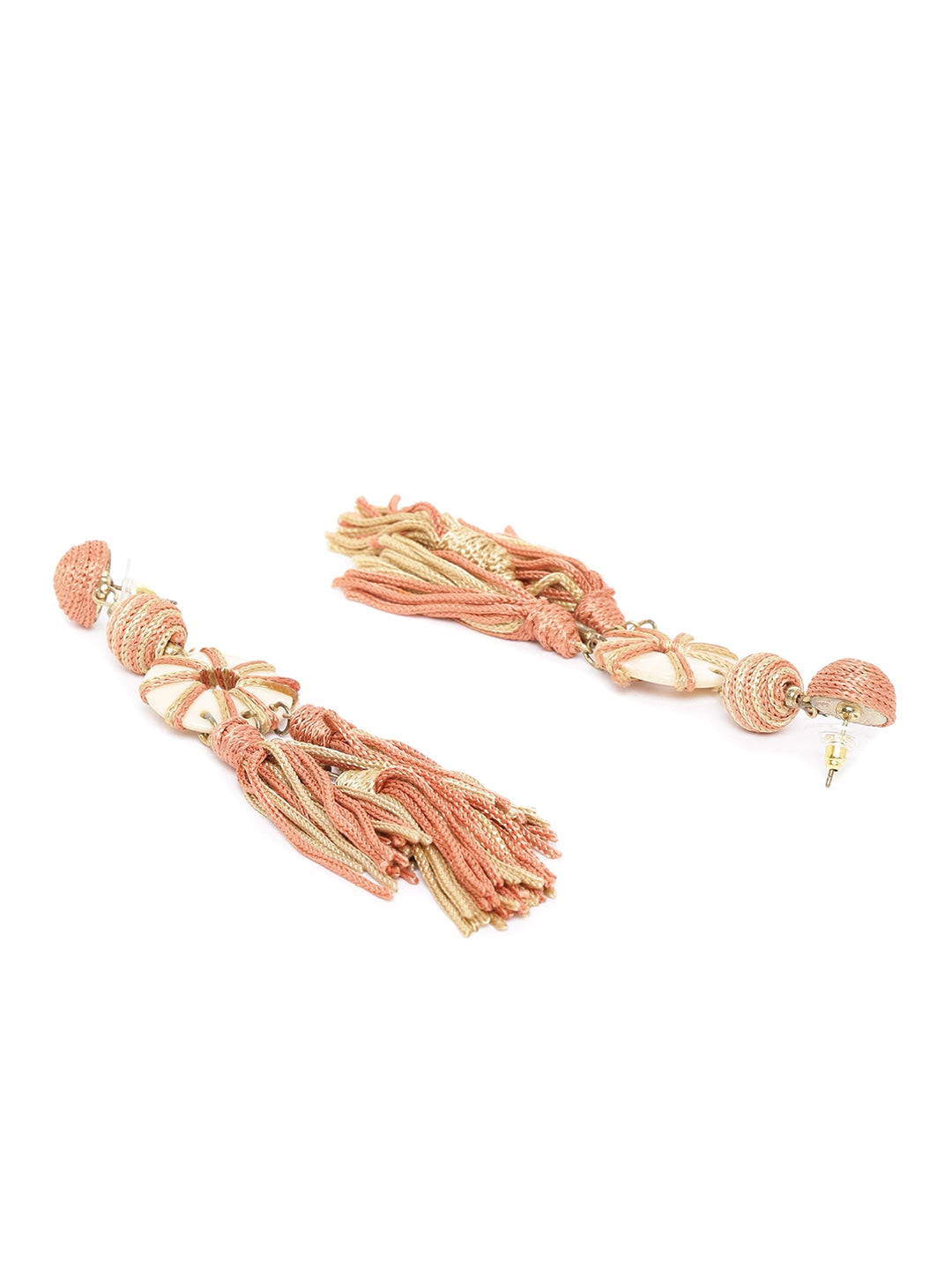 Peach-Coloured & Beige Gold-Plated Tasselled Geometric Drop Earrings