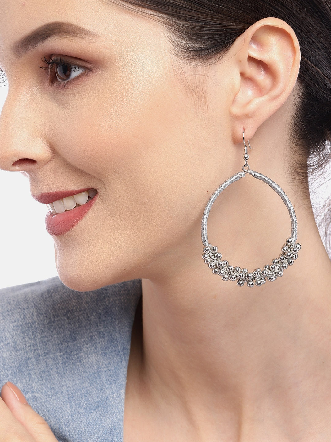 RICHEERA Silver-Toned Oval Drop Earrings