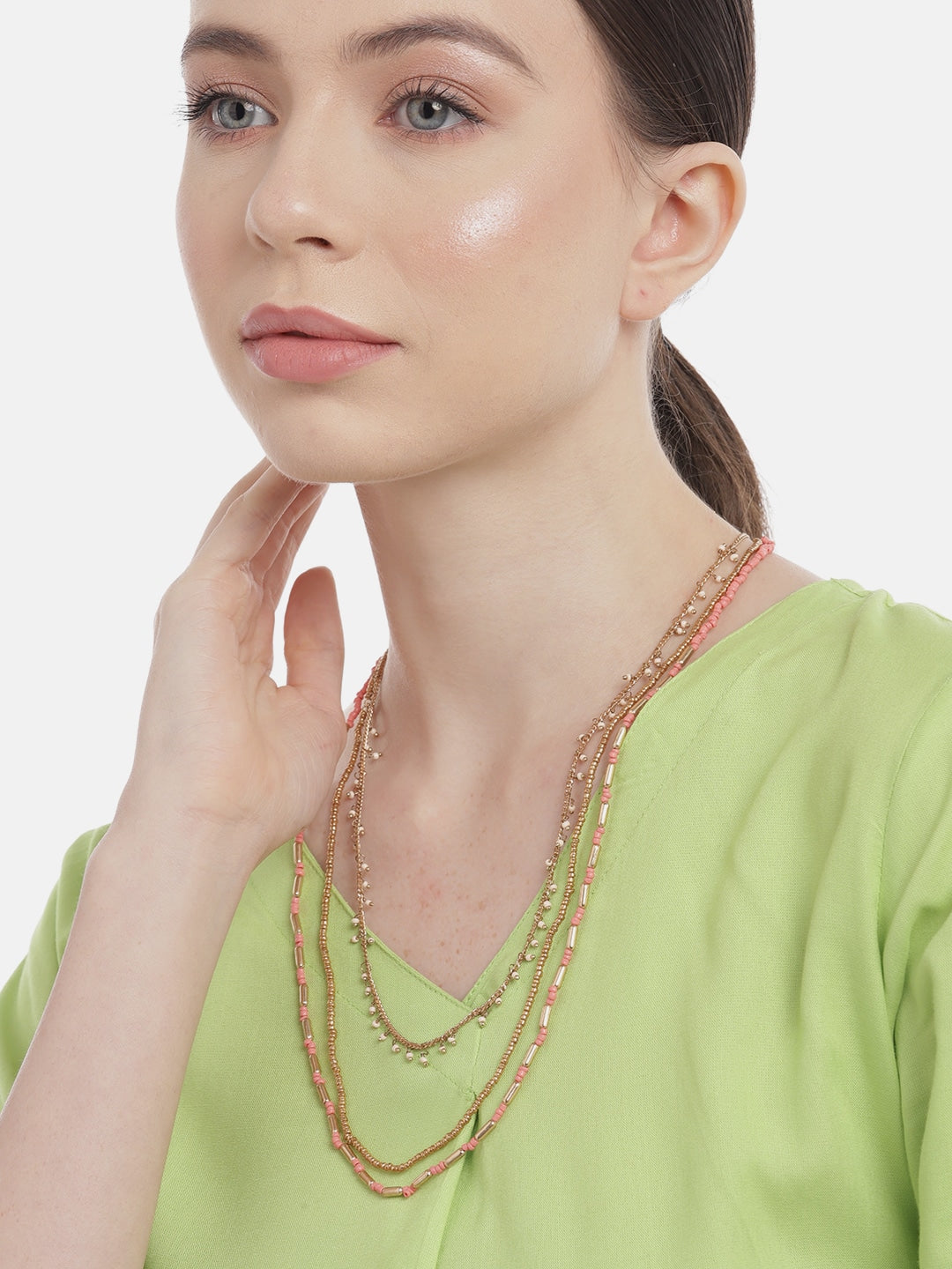 Peach-Coloured & Gold-Toned Gold-Plated Layered Necklace