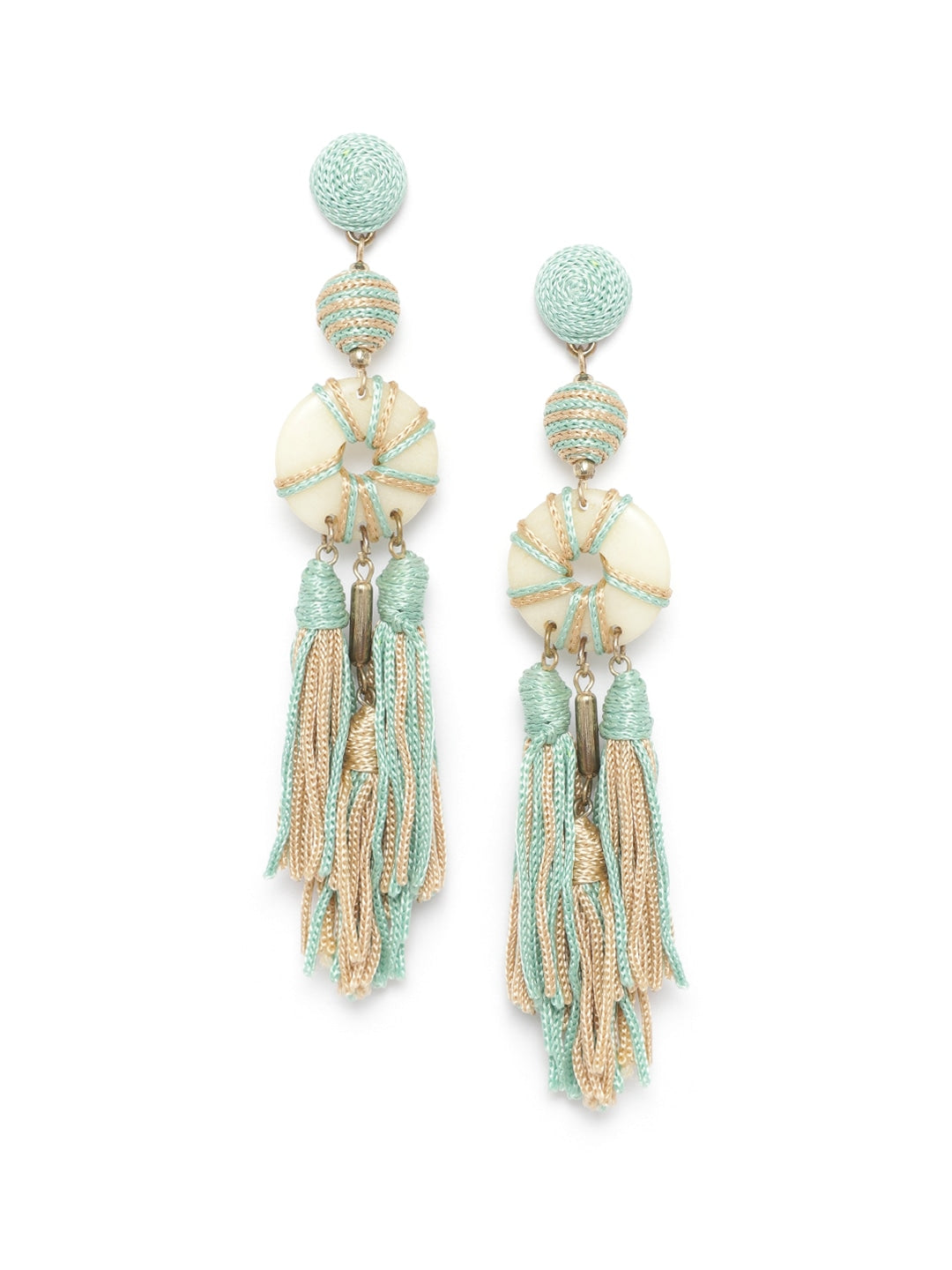 Mint Green & Beige Antique Gold-Plated Tasselled Contemporary Drop Earrings
