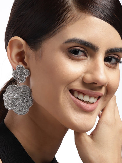 Silver-Toned Floral Drop Earrings