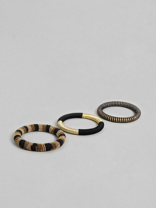 Women Set of 3 Black & Gold-Toned Wood Bangle-Style Bracelet