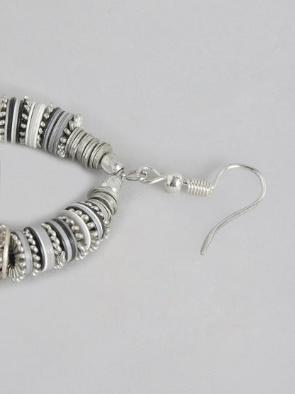 Grey & Silver-Toned Circular Drop Earrings