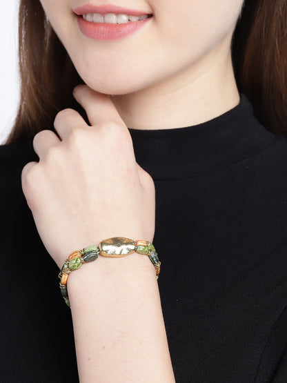 Olive Green & Orange Gold-Plated Beaded Dual-Stranded Elasticated Bracelet