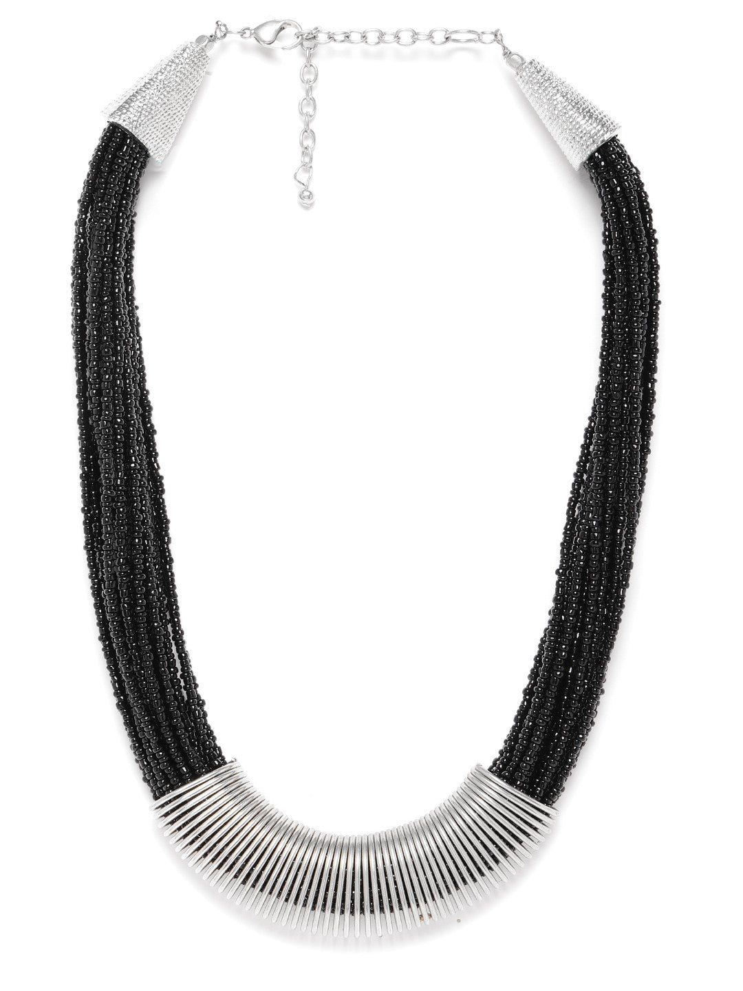 Women Black Silver-Plated Beaded Layered Necklace