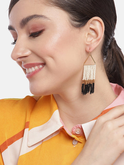 Black & Off White Geometric Beaded Drop Earrings