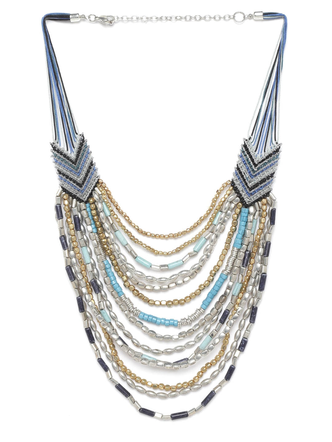 Blue & Gold-Toned Silver-Plated Beaded Layered Tribal Necklace