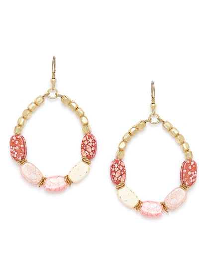 Peach-Coloured Gold-Plated Beaded Oval Drop Earrings