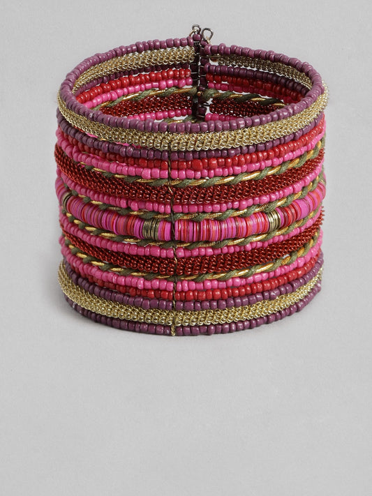 Women Pink & Red Beaded Cuff Bracelet
