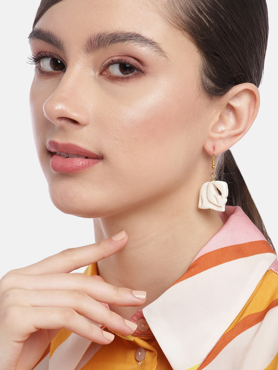 Beige & Gold-Toned Geometric Drop Earrings