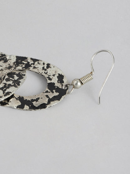 Silver-Toned & Black Circular Drop Earrings