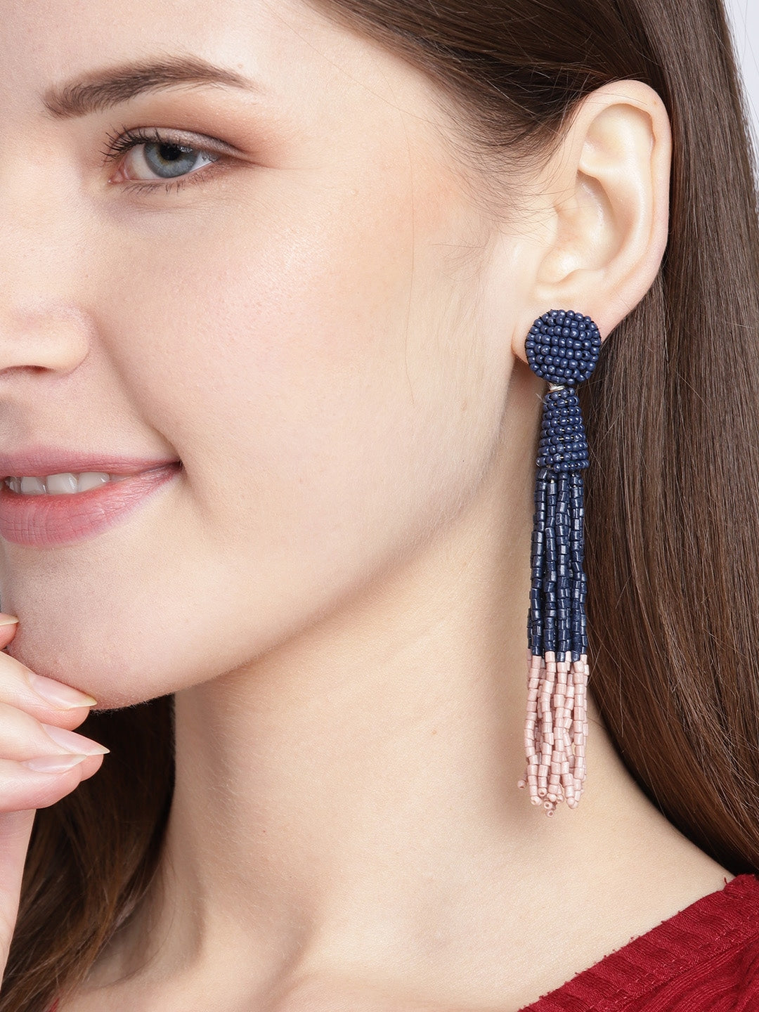 Navy Blue & Peach-Coloured Colourblocked Beaded Tasselled Drop Earrings