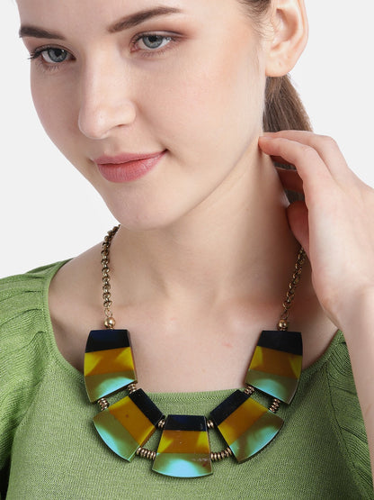 Mustard Brown & Black Antique Gold-Plated Resin Print Necklace