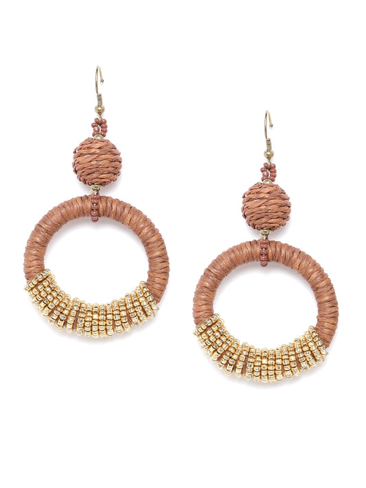 RICHEERA Brown & Gold-Toned Beaded Circular Drop Earrings