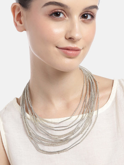 Silver-Plated Beaded Multi-Layered Statement Necklace