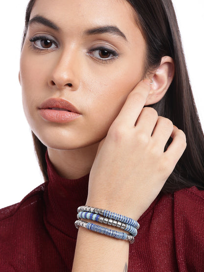 Women Set of 3 Blue & Silver-Toned Silver-Plated Elasticated Bracelet