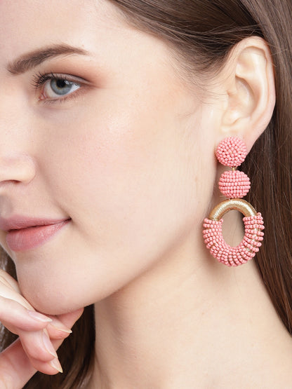 Pink & Gold-Toned Beaded Circular Drop Earrings